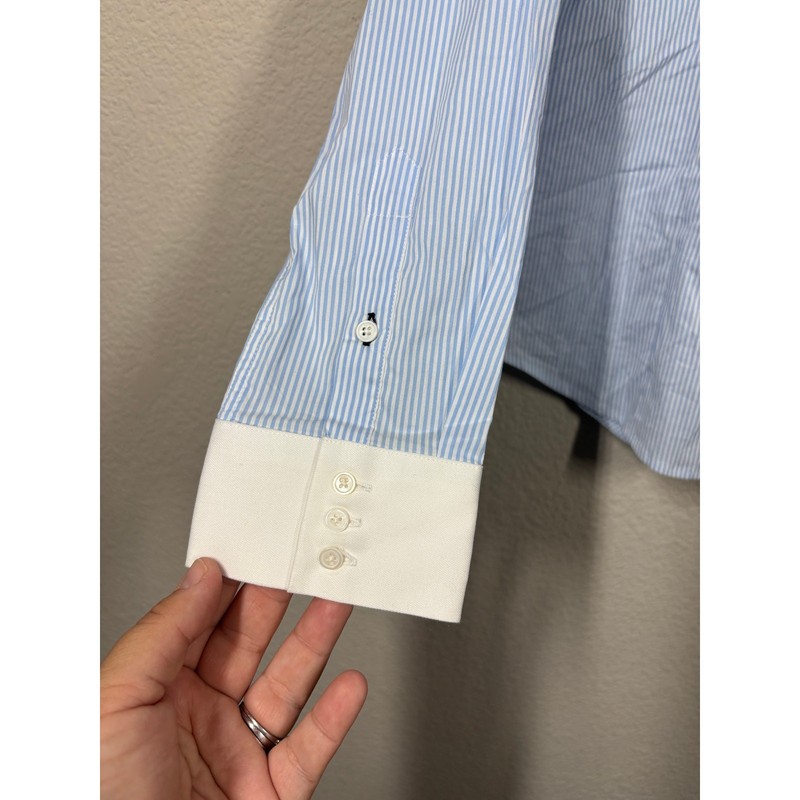 Les Canebiers Large Flat Collared Button Up Shirt Sky Blue Striped Cotton Blend gallery