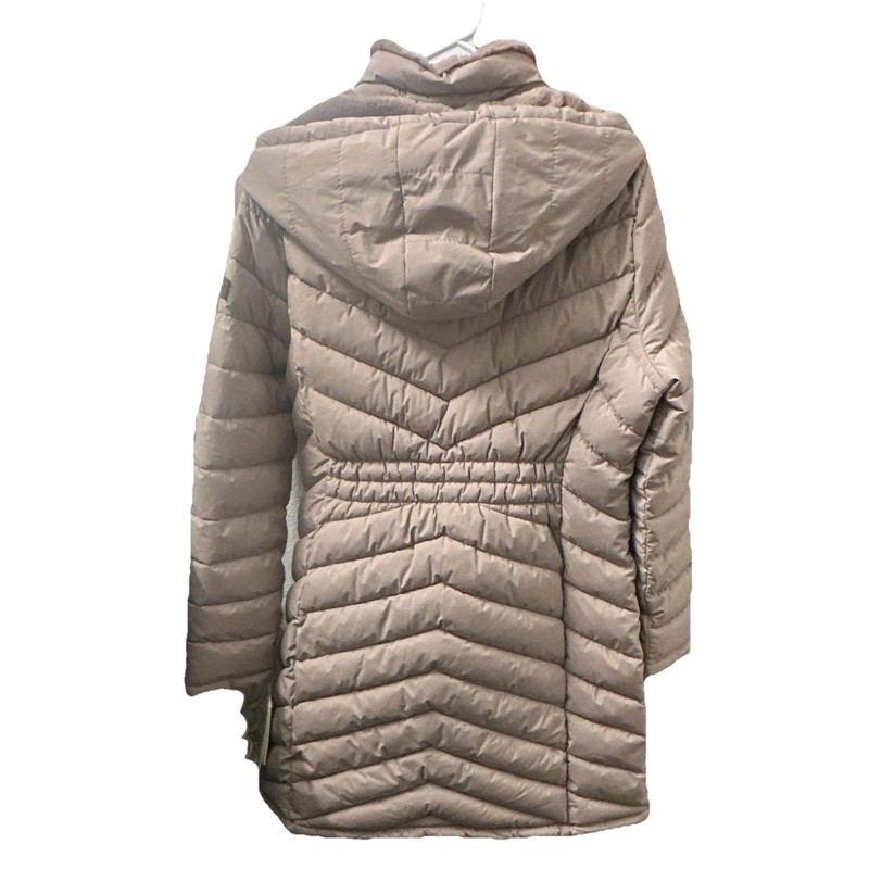 DKNY Womens Puffer Jacket Large Taupe Hooded Quilted Coat NWT MSRP $200 gallery