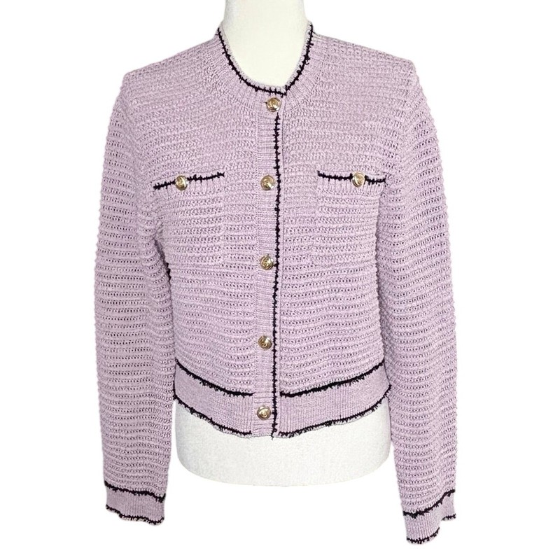 Dimple Hsu Knit Cardigan Sweater Women’s L Lavender Classic Crop Textured Knit