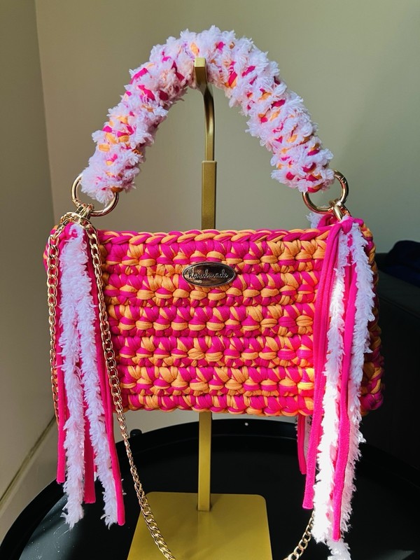 Handmade Hot Pink & Orange Crochet Shoulder Bag With 46inch Gold Chain