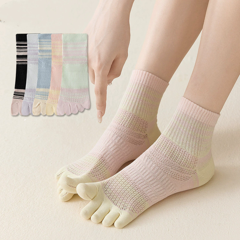 5Pack Women Five Finger Toe Socks Crew Sport Colors Mesh Casual Calf Striped 5-9 gallery