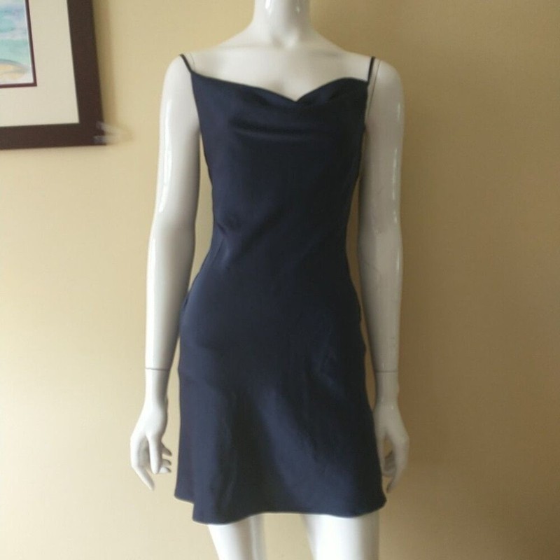 New Urban Outfitters Slip Dress S Blue Mini Satin Straps Malory Cowl Neck Y2k