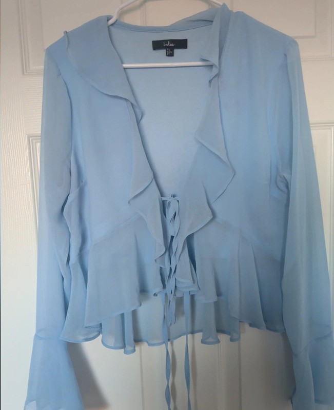 Lulus Blue Chiffon Semi-Sheer Ruffle V-Neck Tie-Front Bell Sleeve Blouse L gallery