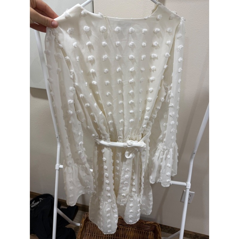EST. 1946 Cream White Swiss Dot Mini Dress Long Bell Sleeve V-Neck Tie Waist L gallery