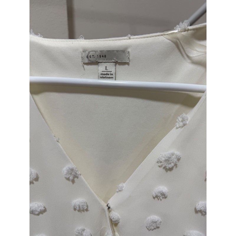 EST. 1946 Cream White Swiss Dot Mini Dress Long Bell Sleeve V-Neck Tie Waist L gallery