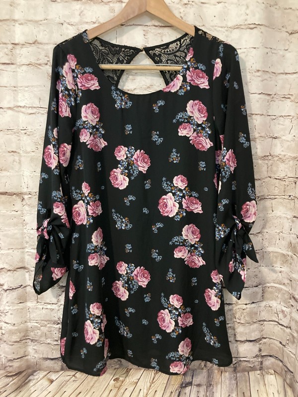 Speechless Dress Womens Large Black Floral Twist Sleeves Lace Trim Fit & Flare