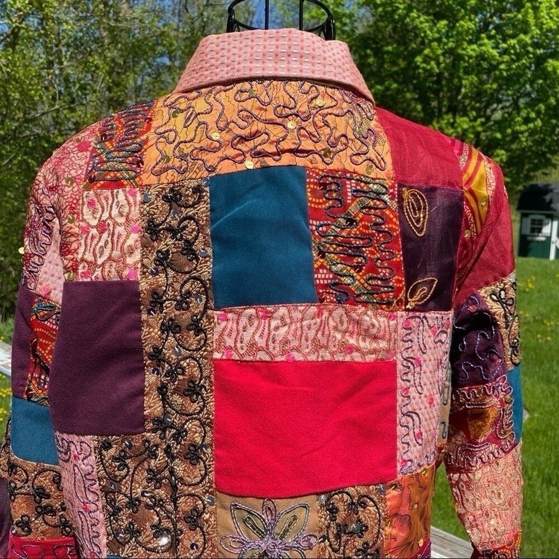 Vintage Alex Kim Wearable Art Patchwork Colorblock Sequined Jacket Petite Large gallery