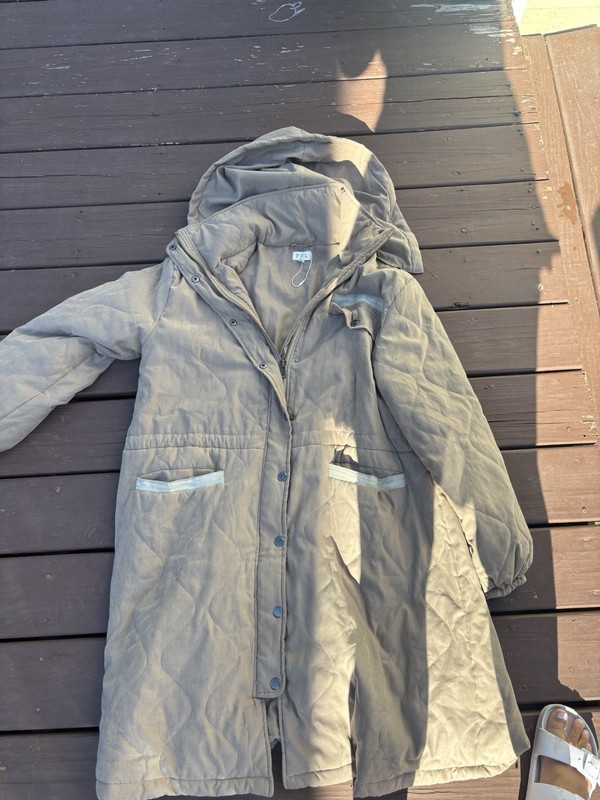 Pol Beige Hooded Quilted Mid-Length Parka Coat Zip/Button Size M