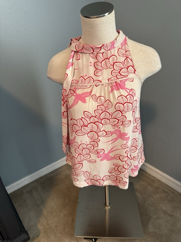 Maeve Ivory Pink Red Floral Bird Satin Halter Bow Button Blouse Top Size 2