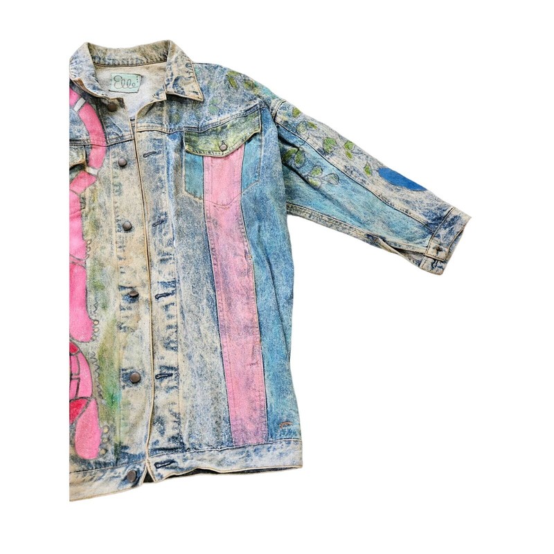 Vintage 90s Hand Painted Cat Jean Jacket Distressed Art To Wear Acid Wash Boho gallery