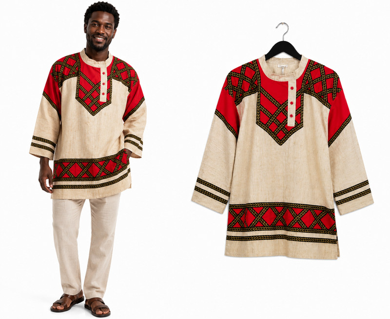 Vintage Ethnic Folk Embroidered Tunic Shirt Large Red Cream Long Sleeve Dashiki