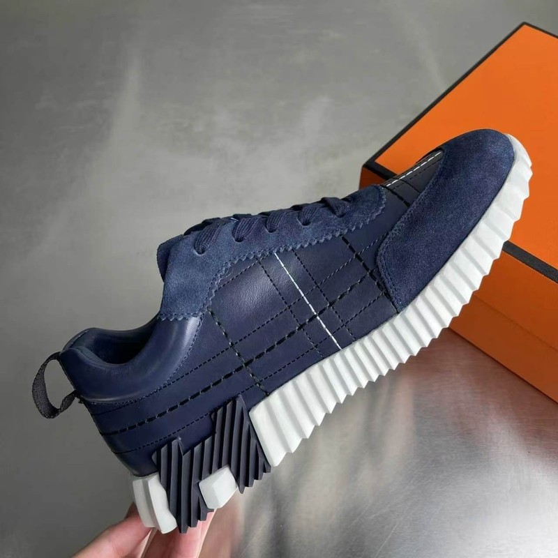 Hermes Bouncing Sneakers Navy Blue Leather Suede Men's Low Top Trainers gallery