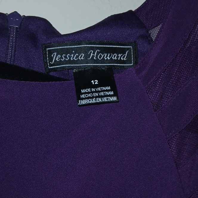 Jessica Howard Purple Solid Sheath Knee Dress Round Neck Ruched Mesh Cap 12 gallery