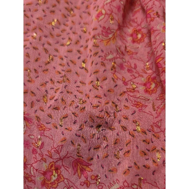 JOIE | Pink Floral Gold Metallic Semi Sheer Tie Neck Romantic Boho Blouse | M gallery