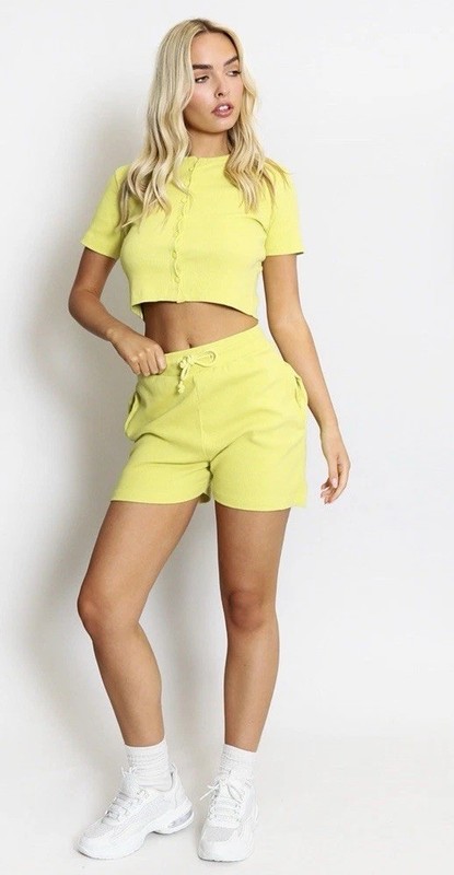 Citrus Lime/Yellow Molly Ribbed Short Loungewear Co Ord Set Size S 8🍋‍🟩🍋