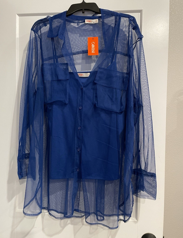 INTEMPO 2 piece Women’s Plus 3X Blue Solid Sheer Mesh V-Neck Button-Down Blouse