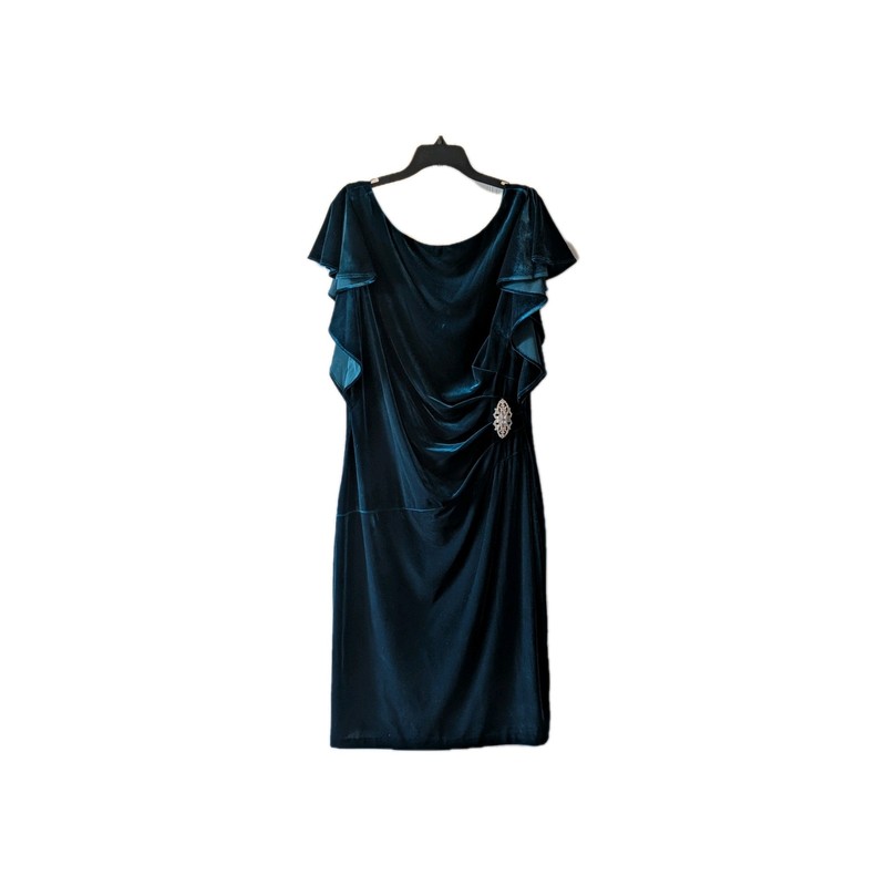 Jessica Howard Blue Satin Ruched Sheath Dress Scoop Neck Flutter Sleeve 14