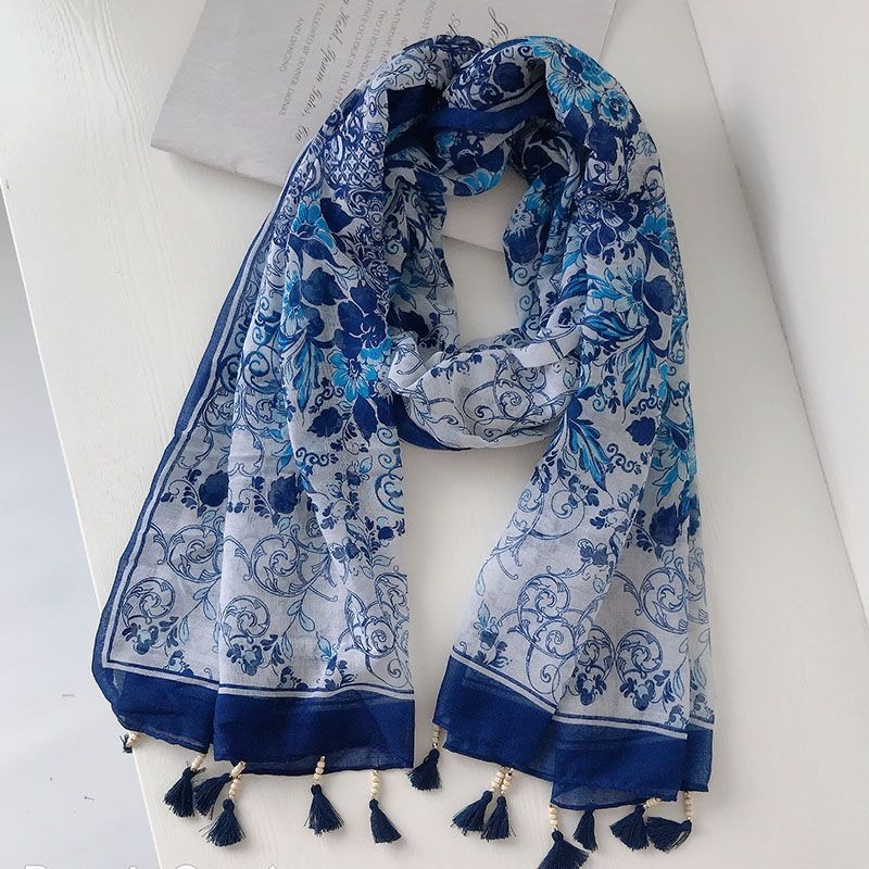 Blue Porcelain Beaded Tassel Scarf Cotton Linen Summer Sunscreen Holiday Wrap
