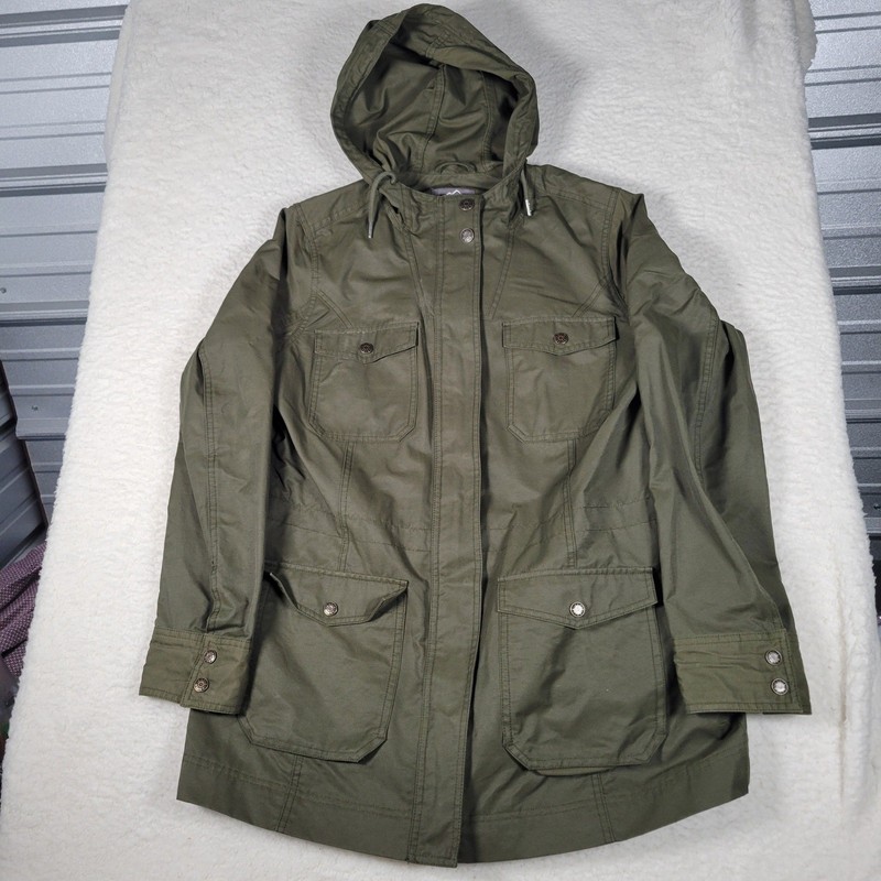 Eddie Bauer Field Jacket Mens Large Olive Green Hooded Utility Military Coat