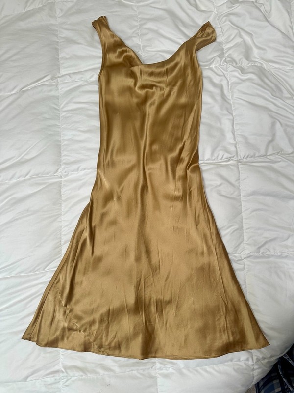 Betsey Johnson Champagne Gold Satin Slip Dress Size S Bias Cut Y2K Midi