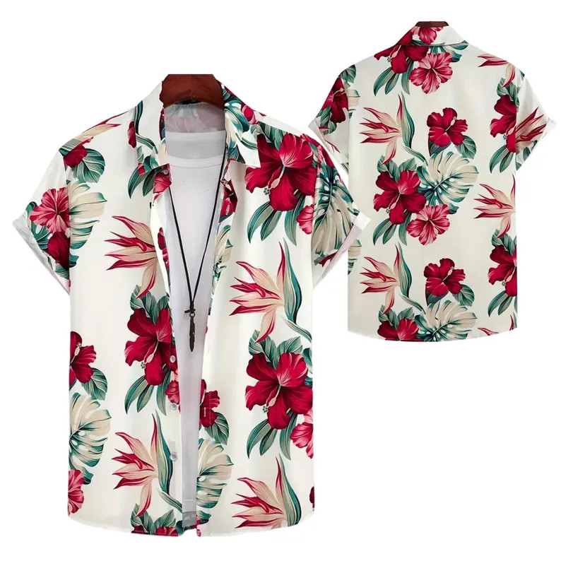 Men’s Red Hibiscus Tropical Floral Flower Hawaiian Shirt Beach Aloha Summer