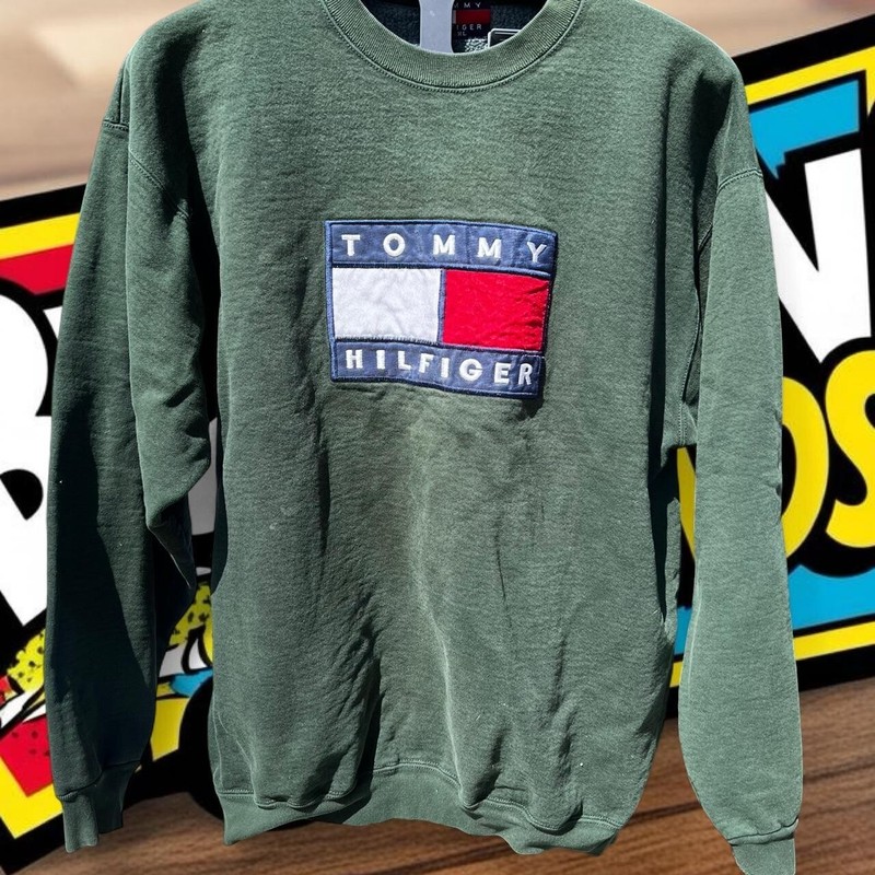 Vtg 90s Tommy Hilfiger USA Crewneck Sweatshirt Embroidered Logo Y2K Green
