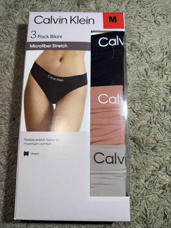 NEW Women’s Calvin Klein 3 Pack Bikini Underwear Black Pink Tan Size Medium