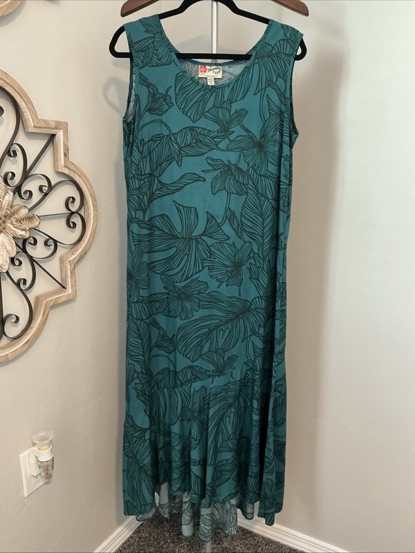 Hilo Hattie Hawaiian Maxi Botanic Breeze Green Floral Sleeveless Sz M