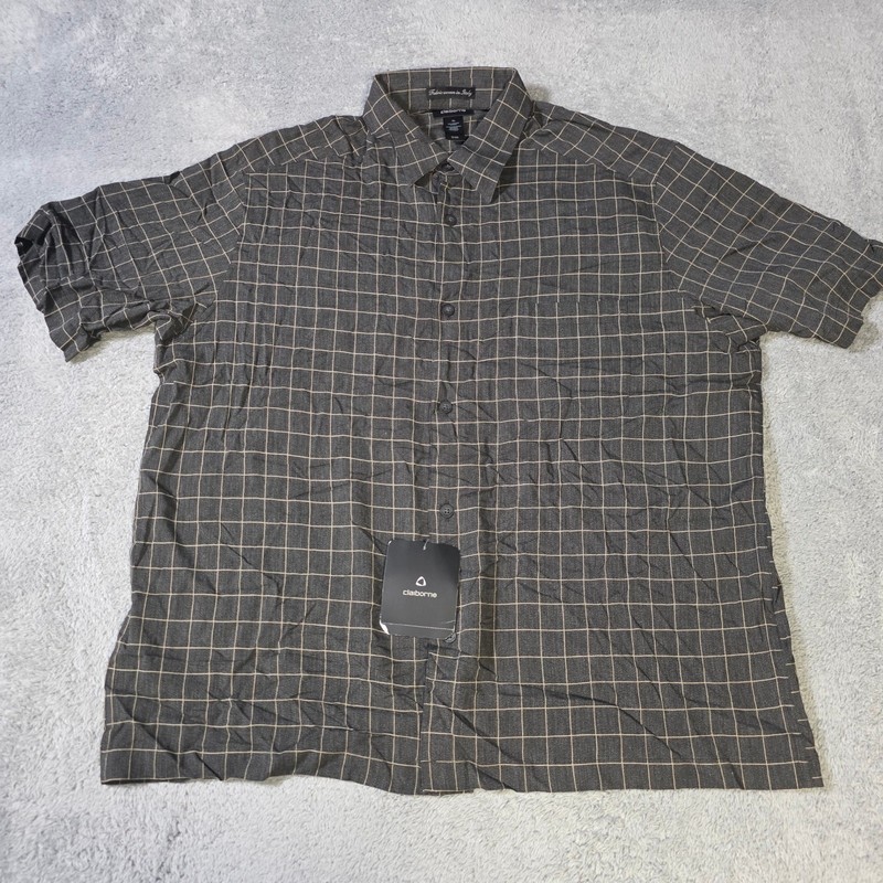 Claiborne Mens XL Button Up Shirt Gray Windowpane Italian Fabric Viscose SS