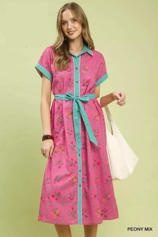 Umgee 100% Cotton Pink Floral Square Contrast Ringer Bow Belt Button Midi Dress