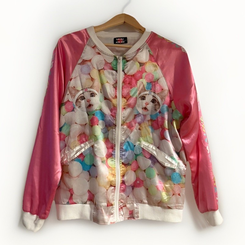 ACDC RAG x Namenna yo Harajuku Bomber Jacket Kawaii Kitten Sukajan Pink Rare