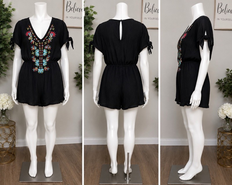 «Almost Famous Black Romper Size M Embroidered Boho Festival Tie Sleeve