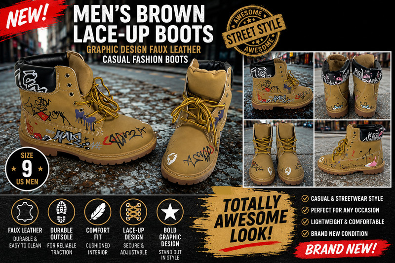Men’s Brown Lace-Up Boots Size 9 US – Graphic Design Faux Leather Casual Fashion