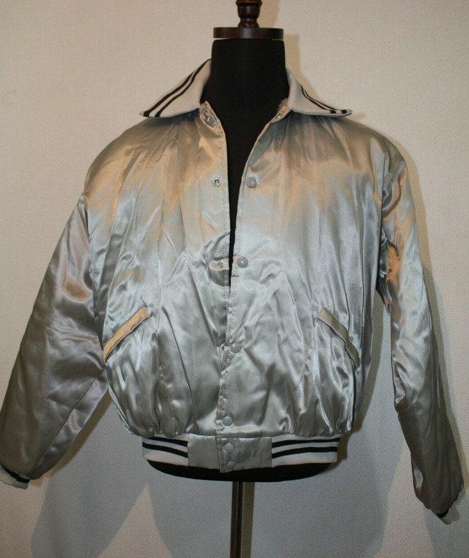 NWT Vtg WINDLESS Silver Varsity Snap Up Satin Flapjacket USA Made Sz L
