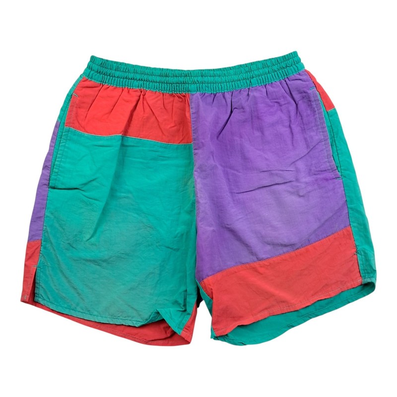 Livin Shorts M Men’s Green Purple Vintage Elastic Waist Color Block Retro 1980s