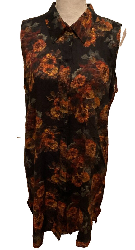 Soft Surroundings Top L Black Green Yellow Red Floral Sleeveless Tunic Length
