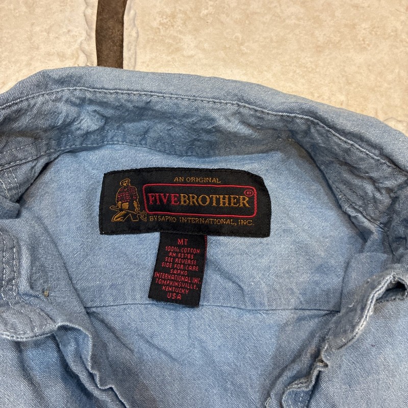 Vintage FIVE BROTHERS blue cotton Flannel made USA long sleeve shirt Size MT gallery