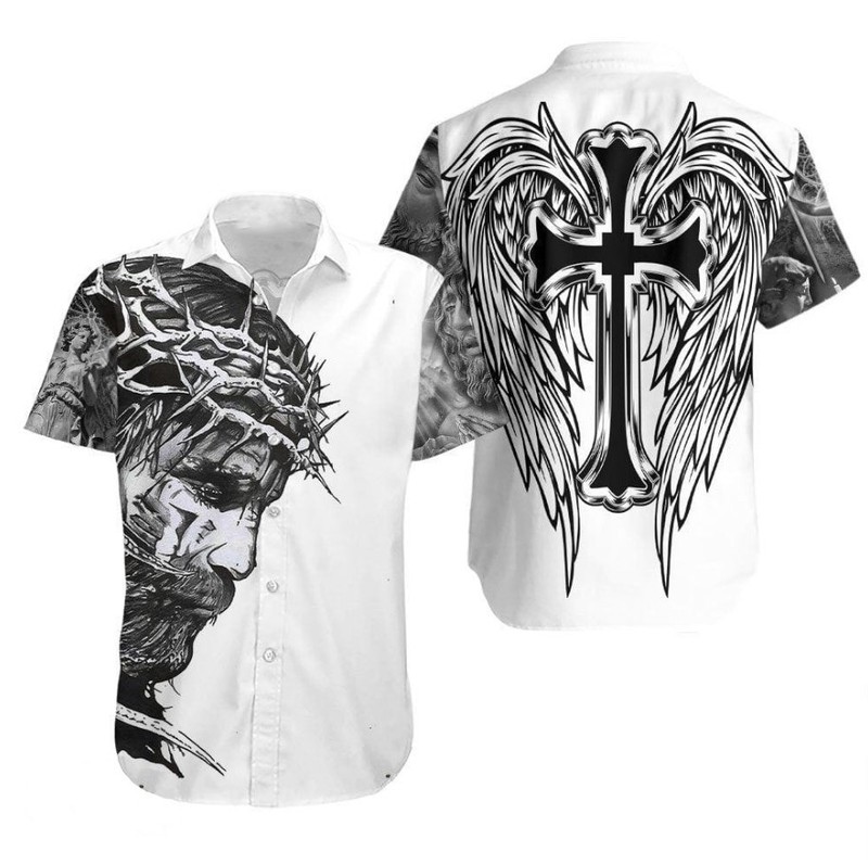 Christian Jesus Easter Cross And Wings Black And White Aloha Hawaiian Shirt