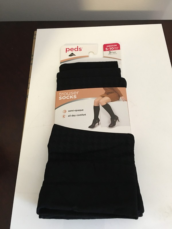 NEW 3PK WOMEN SIZE 5-10 PEDS REPREVE BLACK TROUSER SOCK, houndstooth, plain,dot