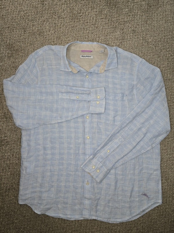 Tommy Bahama Men’s XL Regular Blue Plaid Long Sleeve Linen Woven Button-Up Shirt