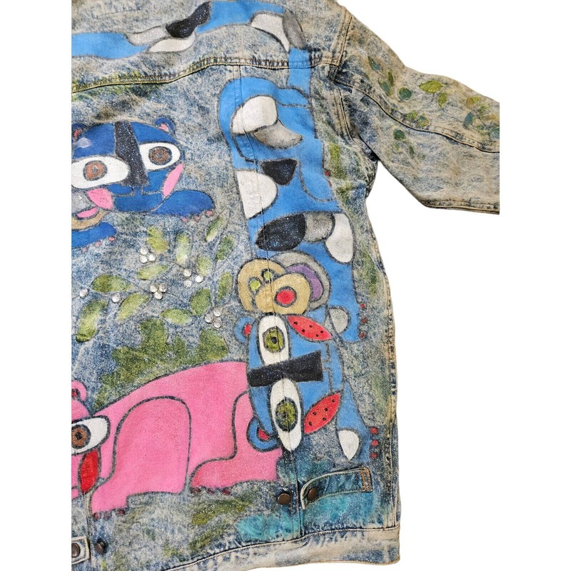 Vintage 90s Hand Painted Cat Jean Jacket Distressed Art To Wear Acid Wash Boho gallery