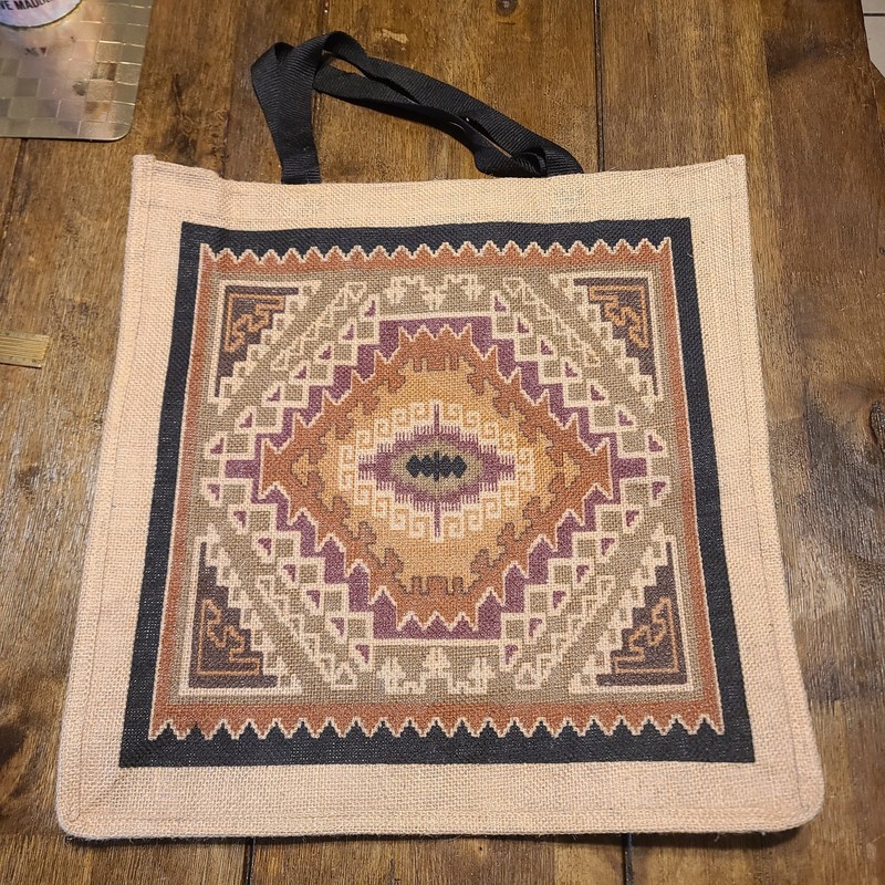 El Paso Saddleblanket Jute Tote Bag Large 18×17 Aztec Southwest Burlap Carryall