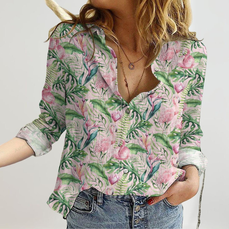 Tropical Flamingos Blouse Shirt Women Tropical Pattern Button Shirt