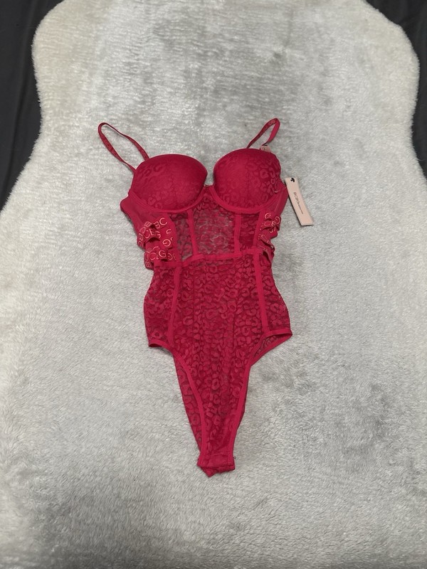 BCBG Generation Size Large Pink Logo Lace Underwire Snap Crotch Bodysuit NWT