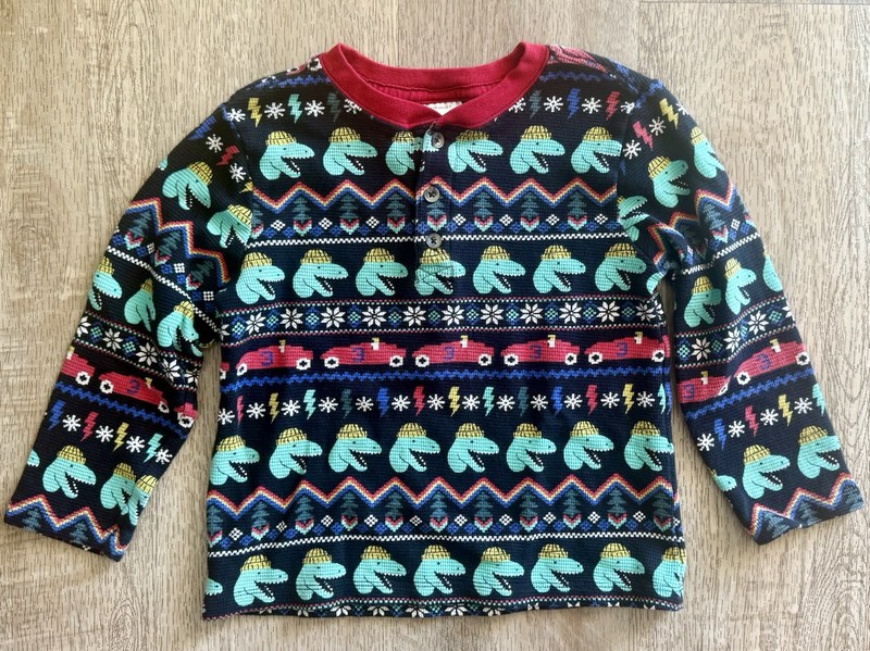 Hanna Andersson Thermal Henley Shirt 110cm 5 Holiday T-Rex Dinosaur Waffle Knit