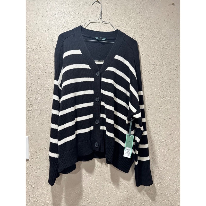 Terra & Sky Black White Striped V-Neck Cardigan Sweater Womens 1X 16W-18W NEW