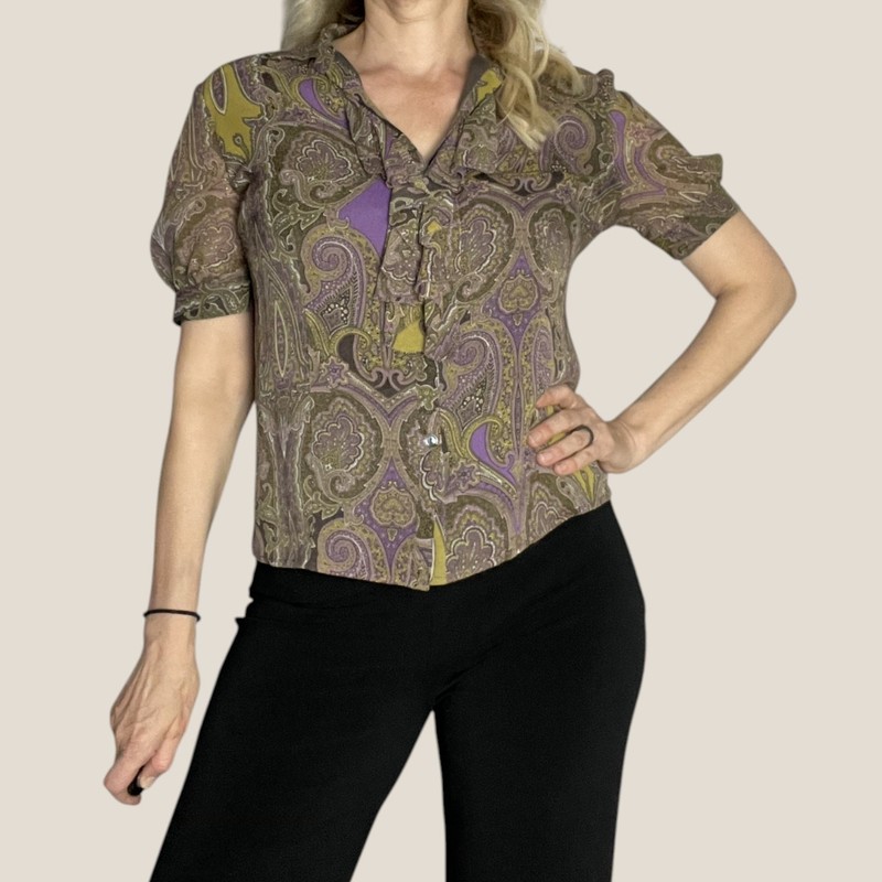 Jones New York Silk Paisley Ruffle Blouse Y2K Purple Olive Gold Size 6