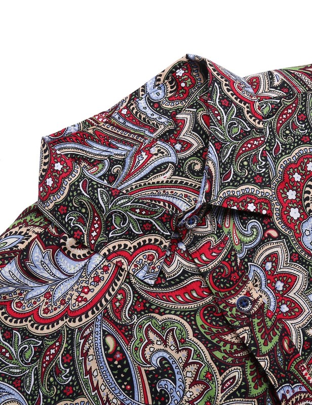 Men's Floral Print Button Down Casual Long Sleeve Hawaiian Shirt(Wine Red,L) gallery