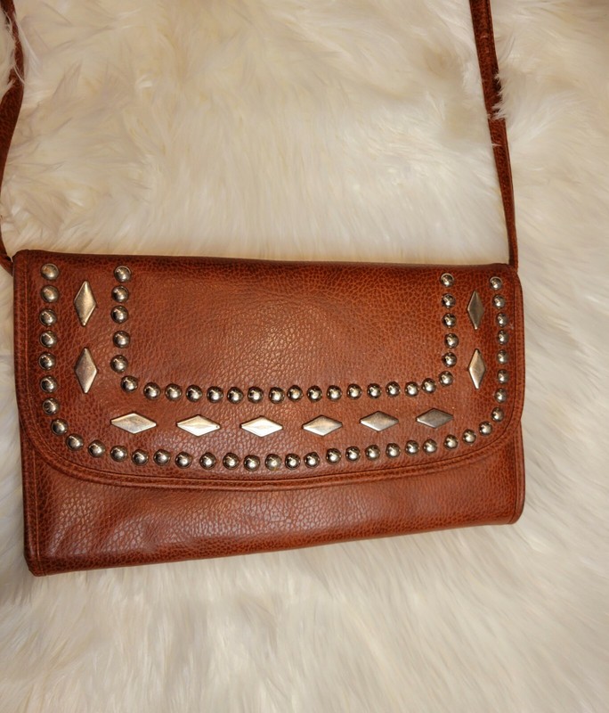 Faux Leather Clutch Purse. Brown with silver stud details. Detachable Strap