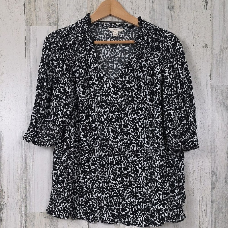 Terra & Sky Black White Patterned Blouse Vneck Smocking Size 1X 16W-18W